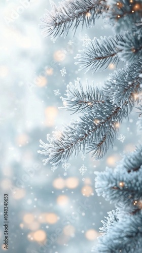 Snow covered pine branches decorated with frost and sparkling lights in a ser...