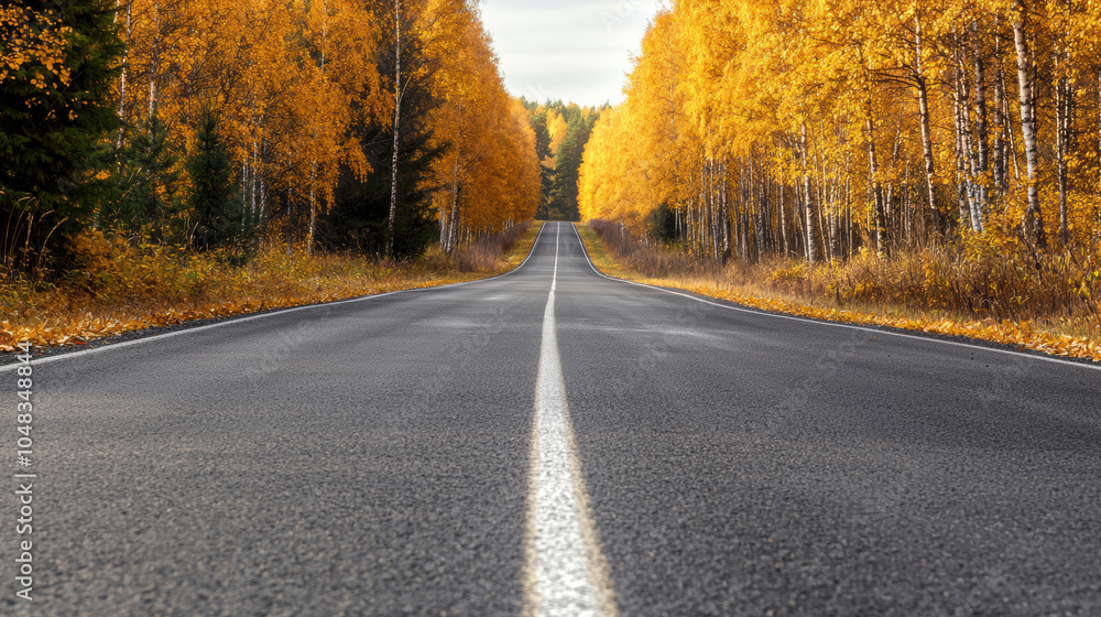 Fototapeta premium serene autumn road lined with golden trees creates peaceful atmosphere