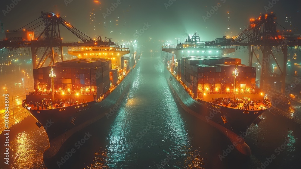 Fototapeta premium Two illuminated cargo ships docked in a foggy harbor, surrounded by glimmering lights and a mysterious atmosphere.