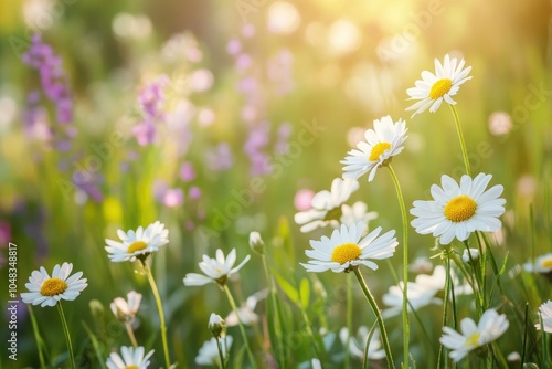 Enchanting spring landscape showcasing vibrant wildflowers and daisies within rich green grass. A stunning summer perspective highlighting the splendor of nature’s allure