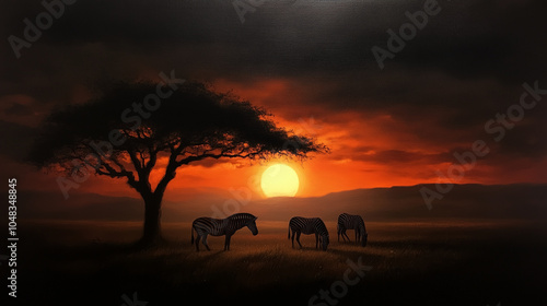 Serene African Sunset with Grazing Zebras and Acacia Tree