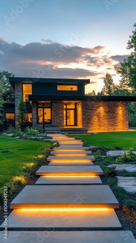 Elegant garden pathway illuminated by warm lights during a serene evening at ...