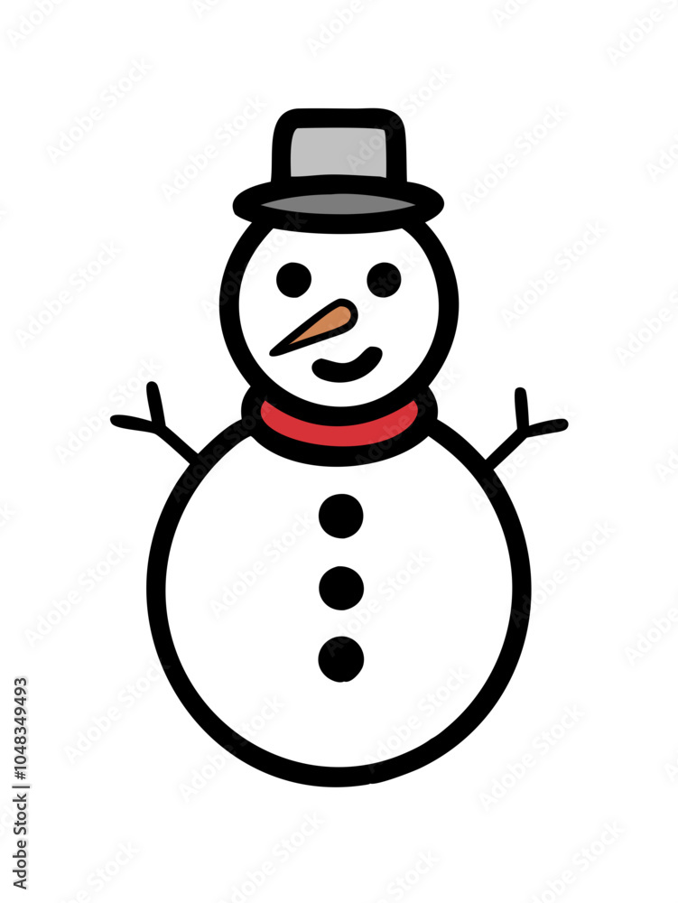 a simple illustration of a snowman. The snowman has two large round sections for its body and head. It is wearing a black top hat and has a red scarf around its neck a simple illustration of a snowman. The snowman has two large round sections for its body and head. It is wearing a black top hat and has a red scarf around its neck