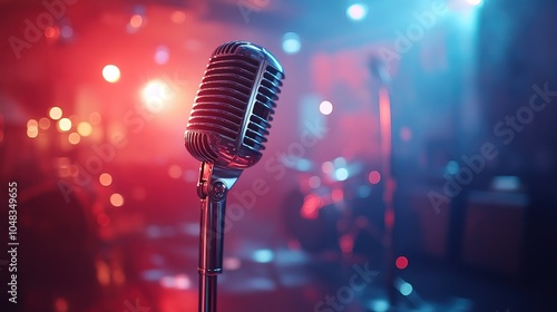 Microphone for singer music background with spot lighting, Glowing stage