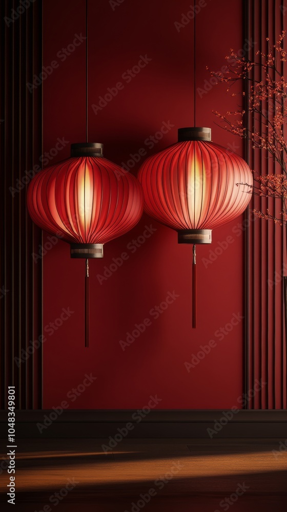 Elegant red lanterns and a decorative fan in a cozy Asian inspired room Elegant red lanterns and a decorative fan in a cozy Asian inspired room