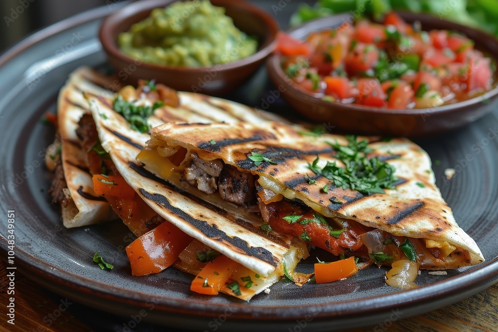 A serving of quesadillas, with melted cheese and grilled vegetables inside a folded tortilla, served with guacamole and salsa A serving of quesadillas, with melted cheese and grilled vegetables inside a folded tortilla, served with guacamole and salsa