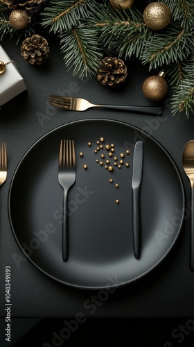 Elegant holiday dining setup with black plates and festive decorations on a d...