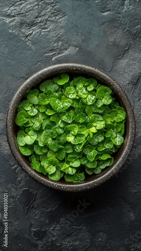 Fresh green leaves in a round clay pot on a textured dark surface
