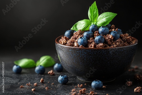 A bowl of chocolate granola topped with fresh blueberries and mint leaves on ...