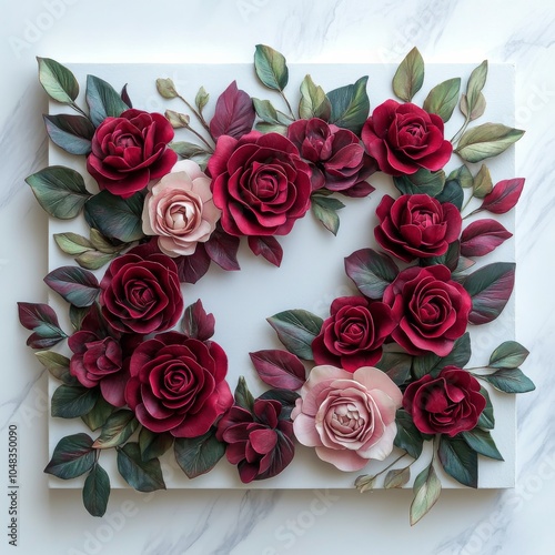 Red and pink paper roses arranged artistically on a white background with gre...