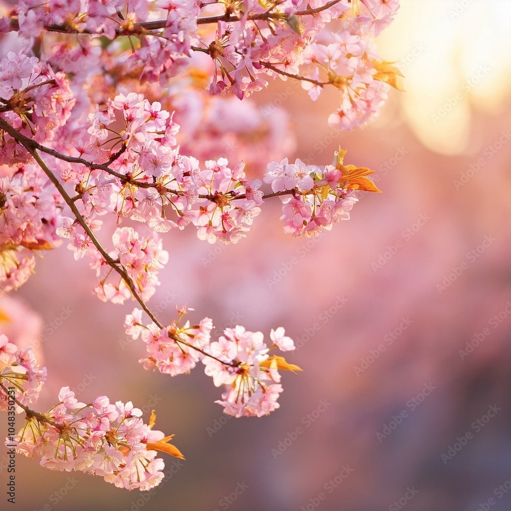 Pink Sakura Blossoms Reflecting Over Water in Soft Sunlight Pink Sakura Blossoms Reflecting Over Water in Soft Sunlight