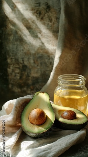 Freshly sliced avocado beside a jar of golden oil on a white cloth with sunli...