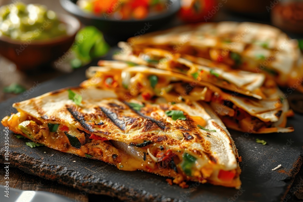 A serving of quesadillas, with melted cheese and grilled vegetables inside a folded tortilla, served with guacamole and salsa A serving of quesadillas, with melted cheese and grilled vegetables inside a folded tortilla, served with guacamole and salsa