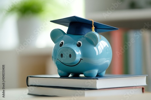Blue piggy bank wearing a graduation cap on top of books symbolizes education...
