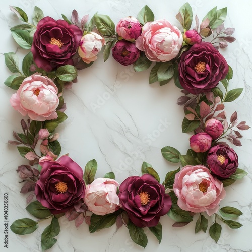 Red and pink paper roses arranged artistically on a white background with gre...