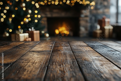 Cozy wooden floor with Christmas decorations and a glowing fireplace in a fes...