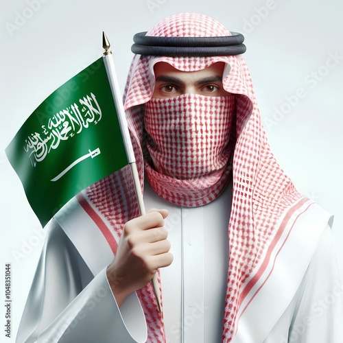 Arab saudi man with saudia arabia flag in realistic style on white background photo