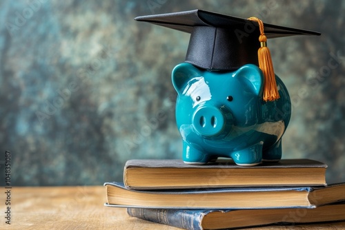 Blue piggy bank wearing a graduation cap on top of books symbolizes education...
