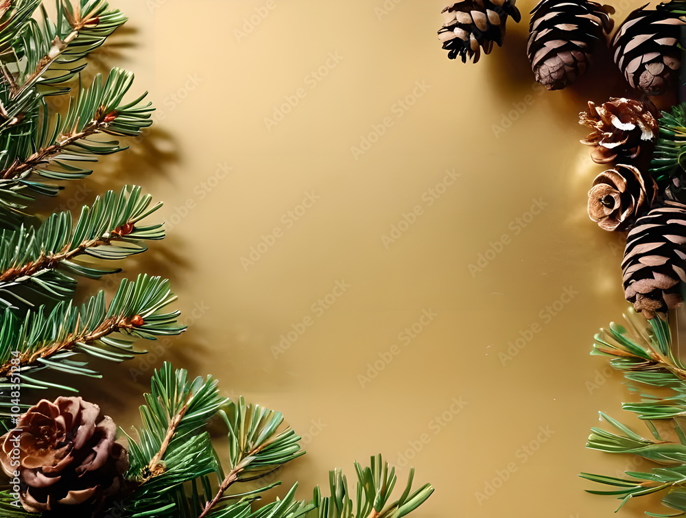 Naklejka premium Christmas golden background with a wreath of pine cones