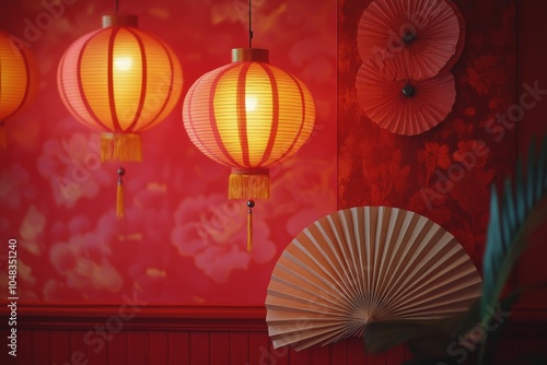 Colorful lanterns and decorative fans displayed at a festive event celebratin...