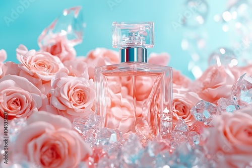 A luxurious perfume bottle surrounded by delicate pink roses and sparkling crystals, creating an elegant and romantic atmosphere.