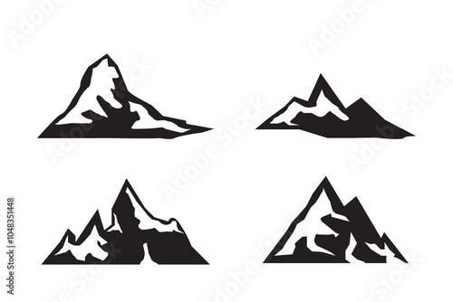 Silhouette mountain set with grunge textures vector template. Mountains and Hills icon collection for logo, adventure, stickers, and prints.