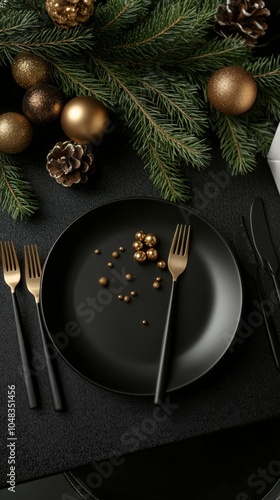 Elegant holiday dining setup with black plates and festive decorations on a d...