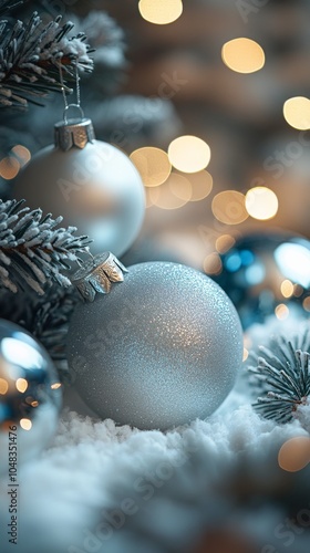 Decorative silver baubles on a Christmas tree with blurred lights in the back...