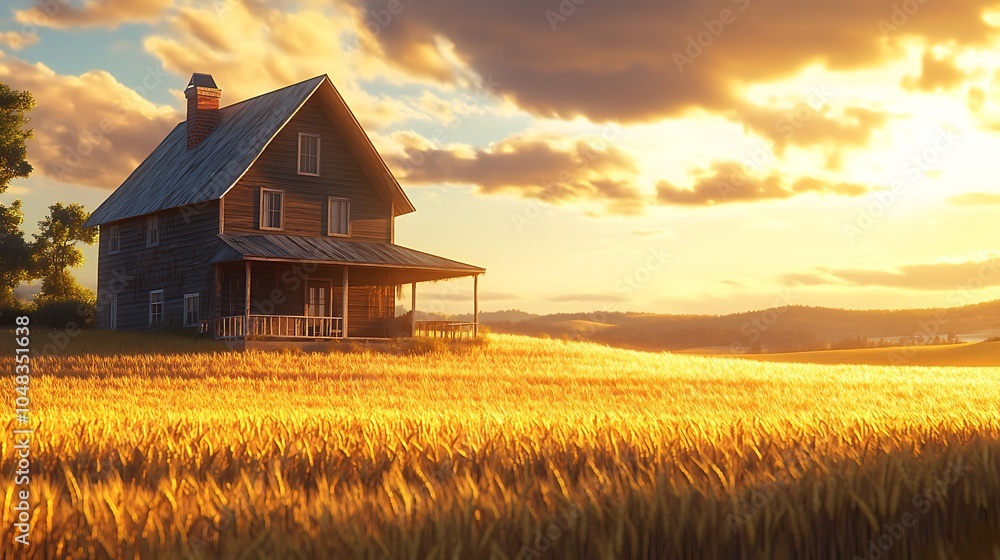 A rustic farmhouse sits on a golden field of wheat at sunset, with a warm glow illuminating the scene. A rustic farmhouse sits on a golden field of wheat at sunset, with a warm glow illuminating the scene.