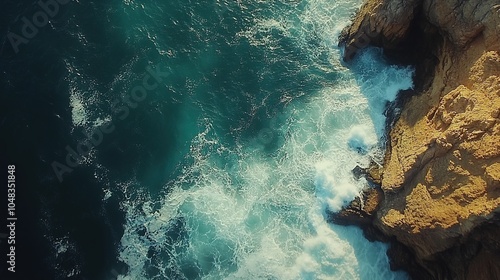 Aerial view of ocean waves crashing against rocky shore