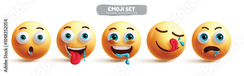 Emoji hungry emoticon characters vector set. Emojis 3d character in drool, starving, pervert, thirsty, saliva mouth and satisfied facial expression in white background. Vector illustration hungry 