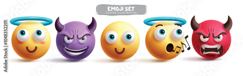 Emojis characters emoticon vector set. Emoji 3d character in angel, devil, kind, bad, evil and singing facial expressions in white background. Vector illustration angel yellow emoticons collection.
