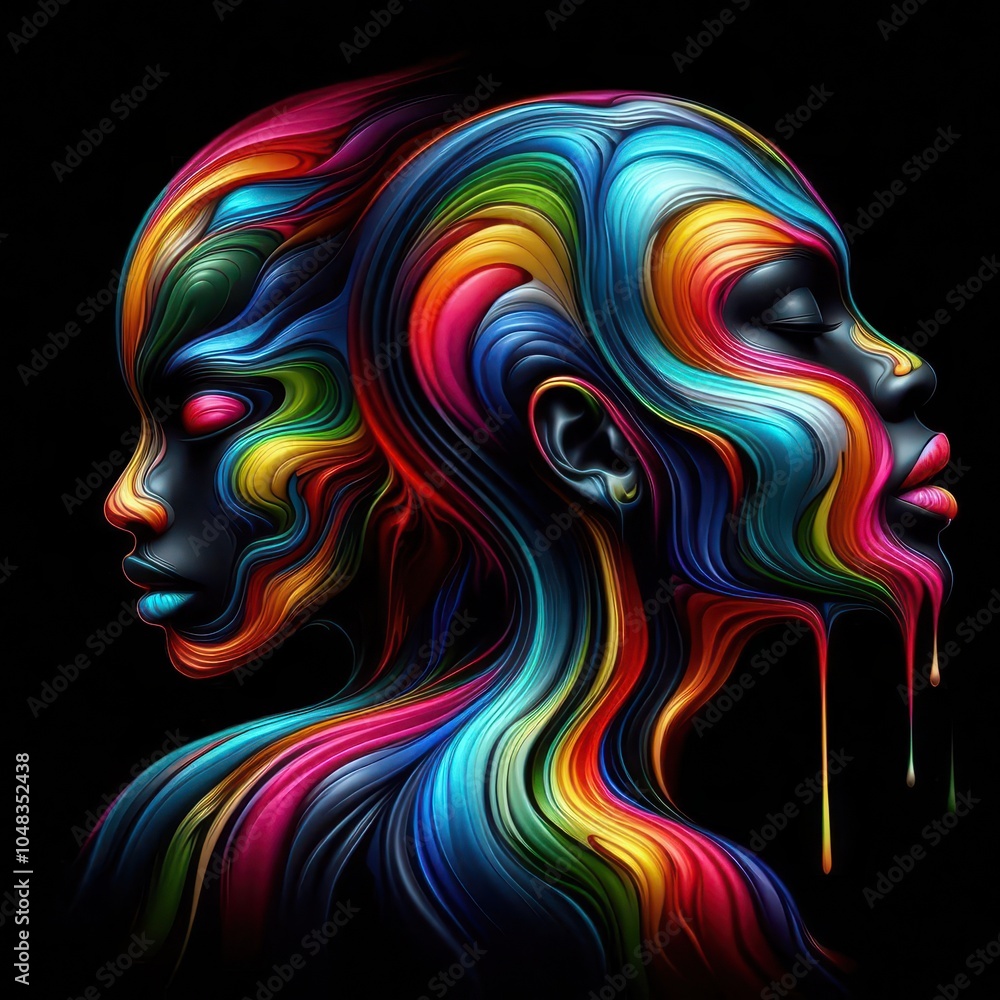 Ai generated A vibrant, abstract depiction of Black women with a colorful rainbow drip effect against a black background Ai generated A vibrant, abstract depiction of Black women with a colorful rainbow drip effect against a black background