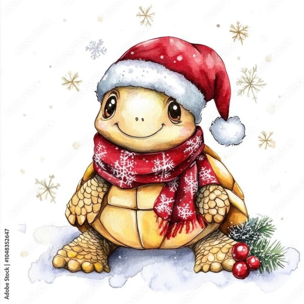 Christmas-themed cartoon turtle in a Christmas scarf, watercolor, on white background. Christmas-themed cartoon turtle in a Christmas scarf, watercolor, on white background.