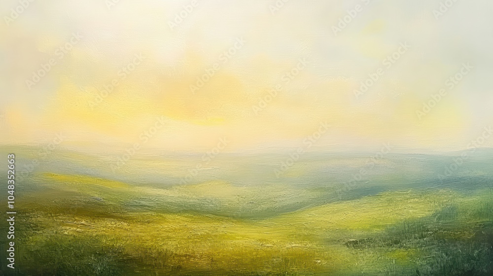 Fototapeta premium Abstract landscape painting, yellow sky, green hills.