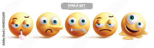 Emojis tired characters emoticon vector set. Emoji 3d character like pinocchio, quiet, anxious, exhausted, melting and silent graphic elements in white background. Vector illustration tired yellow