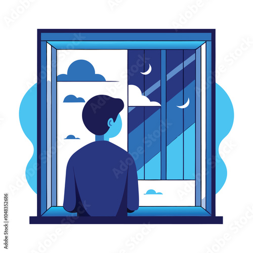 Blue Monday Escape,a vector design of a person looking out of a window.