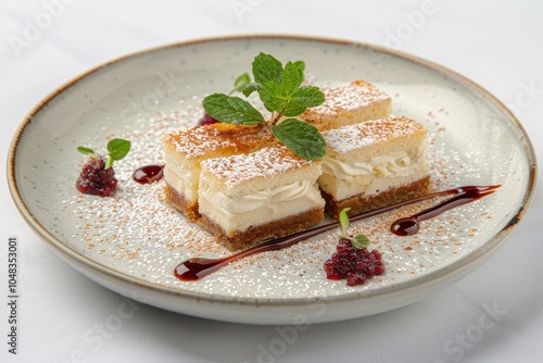 A serving of romeu e julieta, a dessert featuring slices of guava paste paired with creamy cheese, artfully arranged on a plate photo