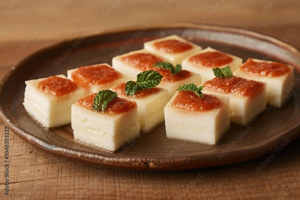 A serving of romeu e julieta, a dessert featuring slices of guava paste paired with creamy cheese, artfully arranged on a plate A serving of romeu e julieta, a dessert featuring slices of guava paste paired with creamy cheese, artfully arranged on a plate