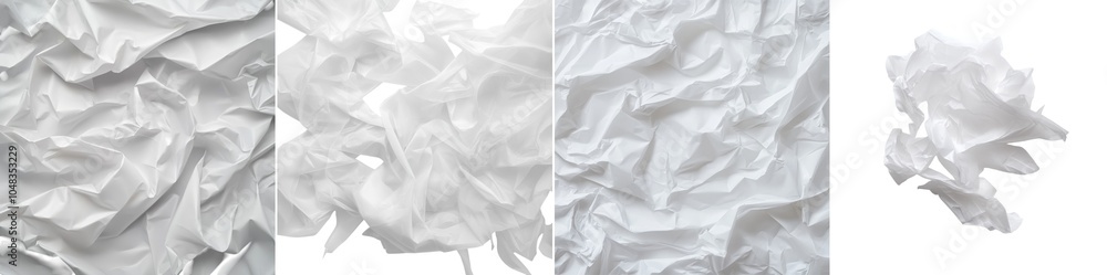 Obraz premium Various textures of crumpled white paper are highlighted, displaying distinct folds and creases. Ideal for use in graphic design or artistic backgrounds isolated PNG