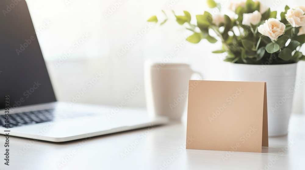 Fototapeta premium A minimalist workspace featuring a laptop, a blank note, and a vase of roses, creating a serene and productive atmosphere.