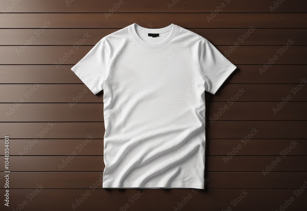 Blank white t-shirt mockup placed on brown wooden table top view. No text, for presentation of designer's work. Blank white t-shirt mockup placed on brown wooden table top view. No text, for presentation of designer's work.