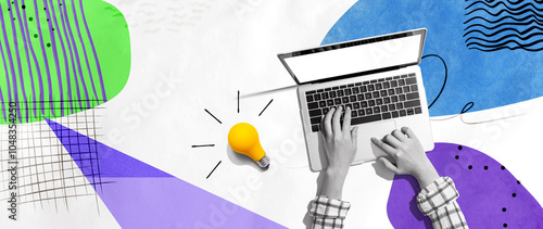 Person using a laptop computer and light bulbs - Collage