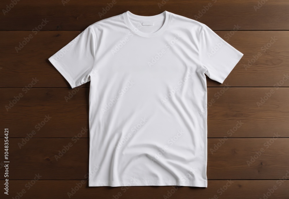 Blank white t-shirt mockup placed on brown wooden table top view. No text, for presentation of designer's work. Blank white t-shirt mockup placed on brown wooden table top view. No text, for presentation of designer's work.