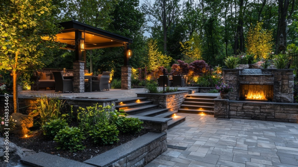 Obraz premium A beautifully designed outdoor living space featuring seating areas, gardens, and lighting