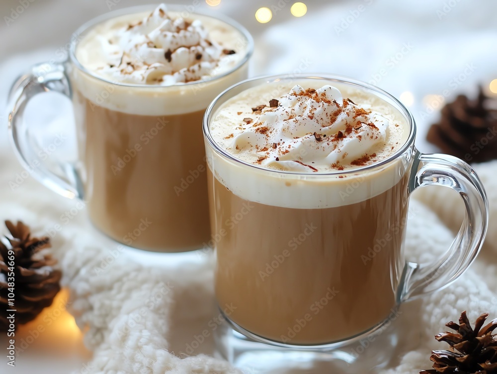 Two coffee cups with whipped cream topping Two coffee cups with whipped cream topping