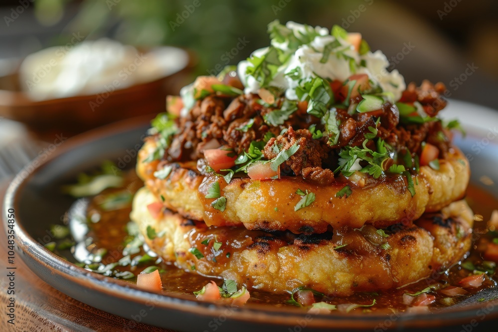 A serving of sopes, thick corn cakes topped with refried beans, lettuce, crema, queso fresco, and a choice of meat. A serving of sopes, thick corn cakes topped with refried beans, lettuce, crema, queso fresco, and a choice of meat.