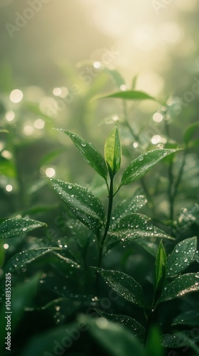 Fresh green leaves shining in the sunlight during a serene morning in nature