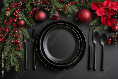 Elegant table setting with black dinnerware and natural elements for a festiv...