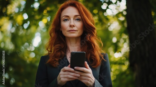 Confident Woman Holding Smartphone in Nature